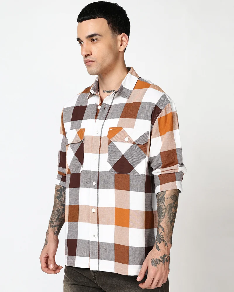 bewakoof Men's White & Rust Orange Checked Oversized Shirt